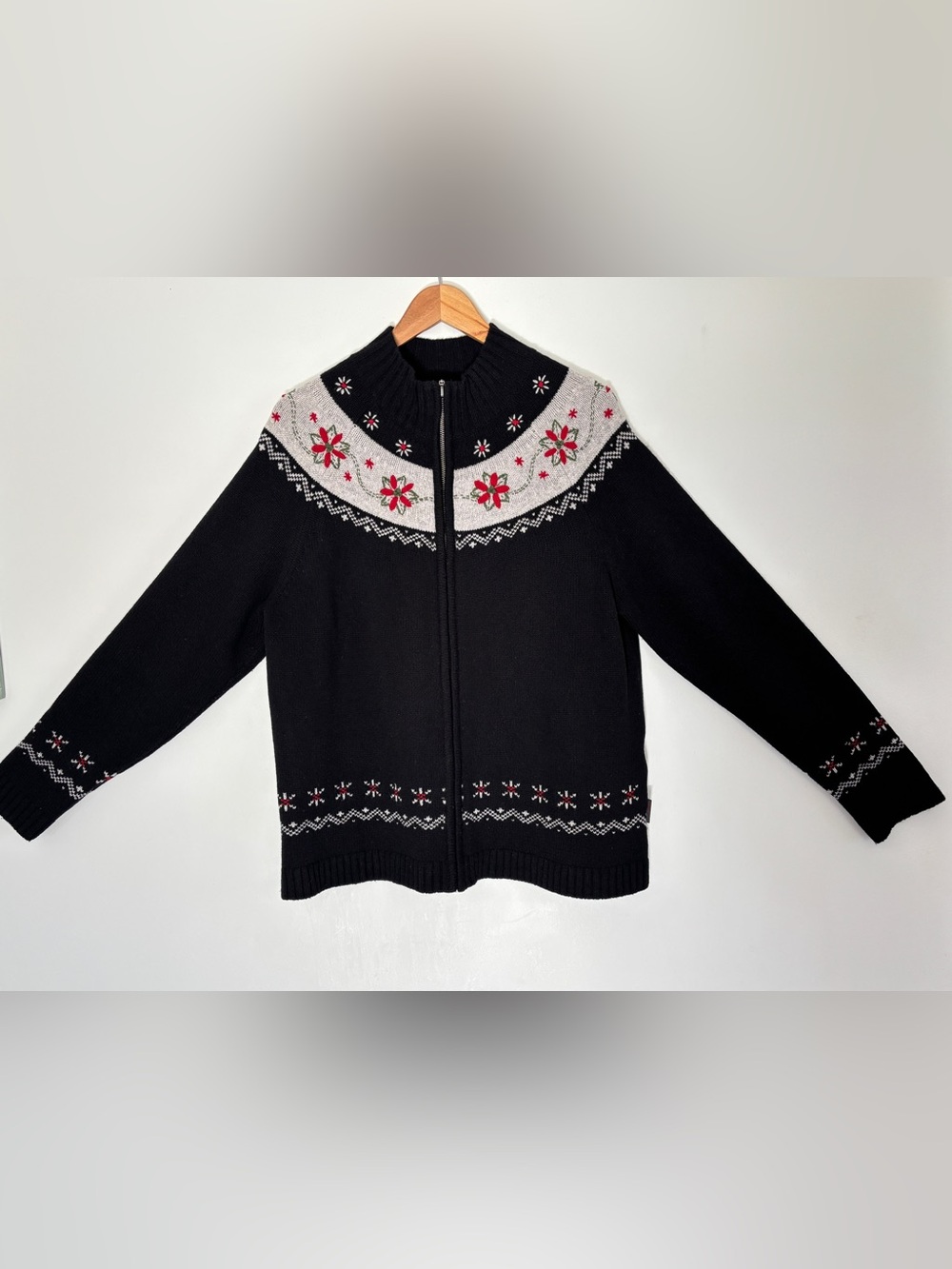 Woolrich Lambswool Embroidered Full Zip Sweater Jacket Size Large Christmas